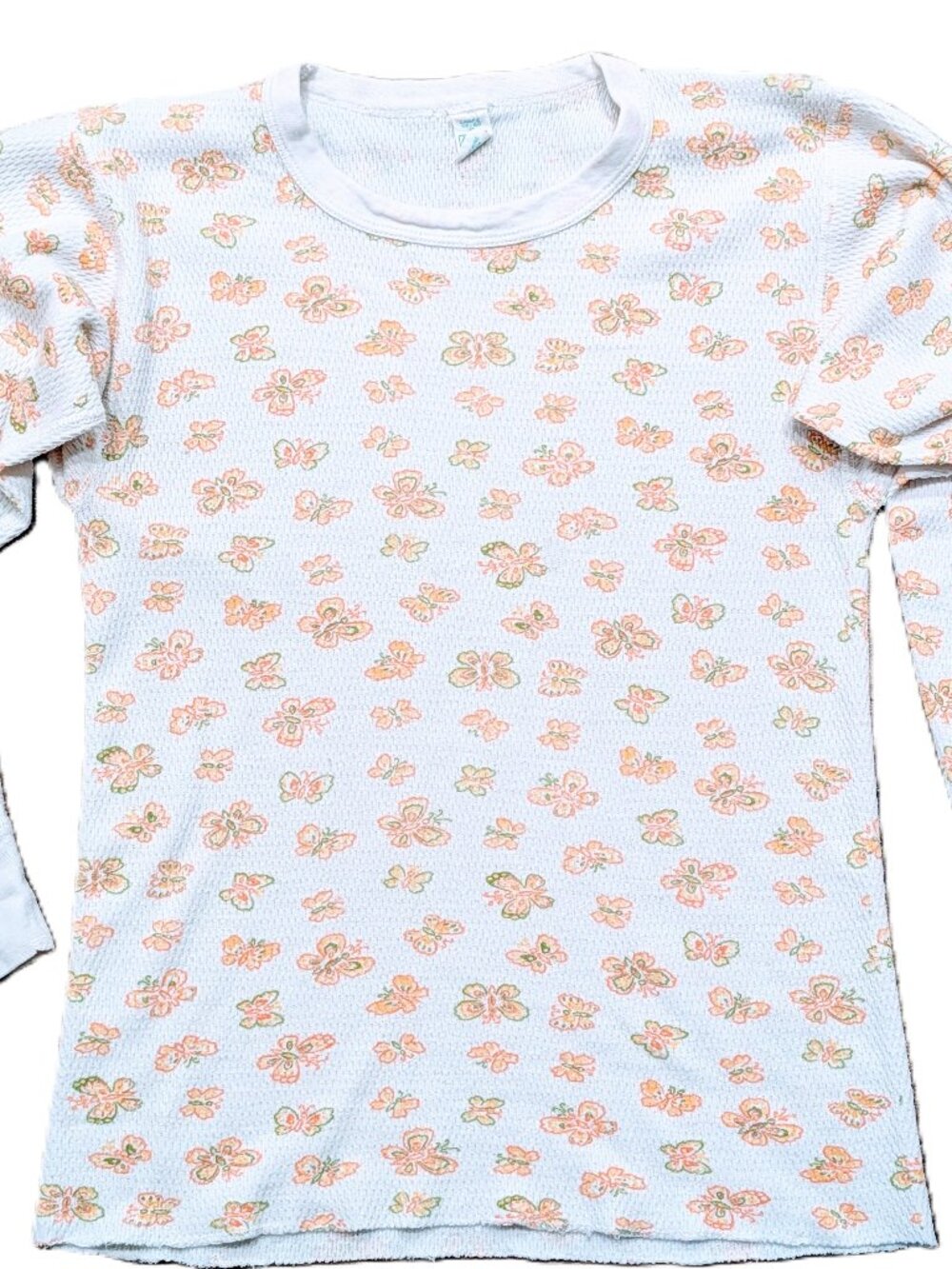 VTG Kmart Thermal Pajama Top Sz S/M Ditsy Butterfly 70s USA Retro Cottagecore